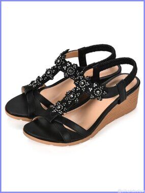 Women's Rhinestone Wedge Sandals with Elastic Backstrap and Cushioned Insole